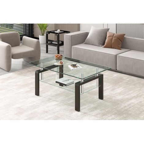Table basse en verre trempé transparent à double plateau, 100 x 60 x 44 cm, métal, REDOM (1/5)
