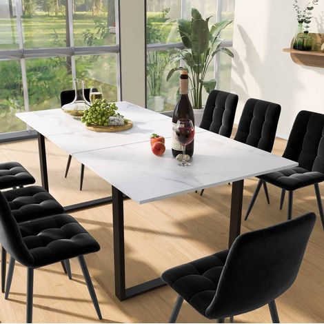 Set tavolo da pranzo allungabile 140/180 x 80 x 75 cm con 8 sedie, piano in MDF bianco e gambe nere (1/5)