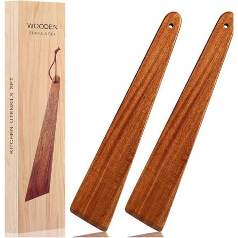 Spatule Cuisine Bois - Lot de 2 Ustensiles de Cuisine bois en Teck - Grande Raclette 30cm - Anti-Rayures, Antiadhésive et durable, Résistants à la chaleur, Pour Mélanger, Racler, Servir, Remuer (1/4)