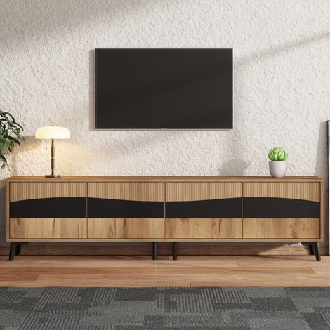 Meuble TV salon moderne 180 x 40 x 50 cm meuble TV en bois avec 4 armoires, meuble de salon avec 8 pieds de support, Bois + Noir (1/5)