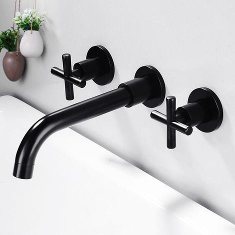 Grifo de lavabo de cobre montado en la pared - Rotación de 360°, Control de agua caliente/fría, Instalación sencilla, Agua blanda sin salpicaduras - Negro (1/5)