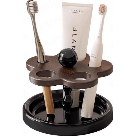 Porte-brosses à dents en bois à 5 compartiments, organisateur en bois naturel pour lavabo avec motif floral (1/5)