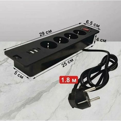Prise Encastrable de Table avec Ports 2USB et 2Type-C Multiprise Intégrée 4 Prises avec Câble d'alimentation 1,7m et Câble Type-C Prise de Cuisine Multiprise pour Meuble ou Bureau Noir (1/4)