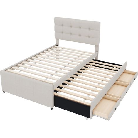 Lit gigogne 90x200 cm avec 3 tiroirs de rangement, lit capitonné beige avec tête de lit réglable, idéal pour chambre d'amis. (1/5)