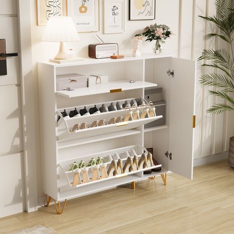 JOOKGBD-Mobile per Scarpe,Armadio per Scarpe con 3 Ante Ribaltabili e Cassetto,Scaffale Stretto in Legno,Mobile da Giorno,Credenza per Ingresso,Console per Corridoio Soggiorno,Bianco
