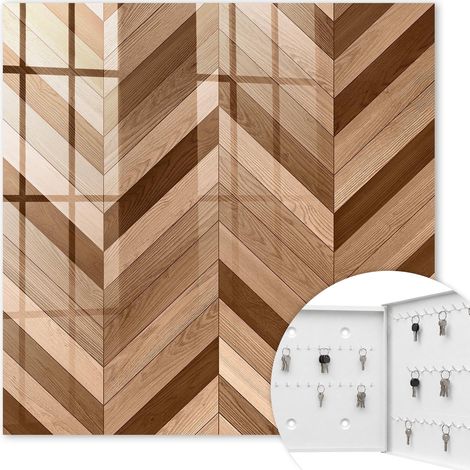 Armoire à clés - (30 cm x 30 cm) - Boîte à clés murale - Coffret de rangement pour clés - Couleur blanche - Ouverture vers la droite - Pour maison et bureau - chevrons en bois (1/5)