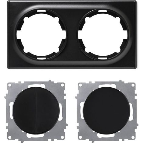 Plaque de finition 2 postes Florence + 1 Interrupteur double, 1 voie + 1 Interrupteur simple allumage - noir (1/5)