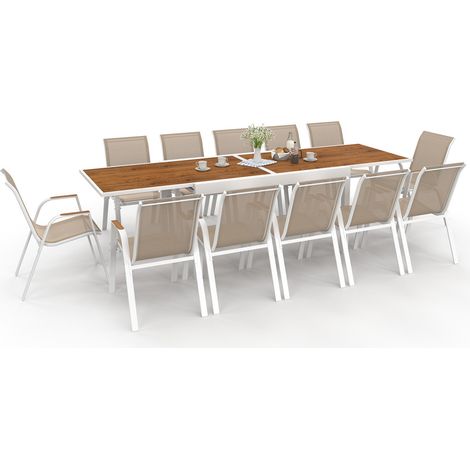Gartenmöbel NOUMEA ausziehbar Tisch 135/270 cm Platte aus gehärtetem Glas in Holzoptik und 12 stapelbare Stühle weiß und Holz (1/5)