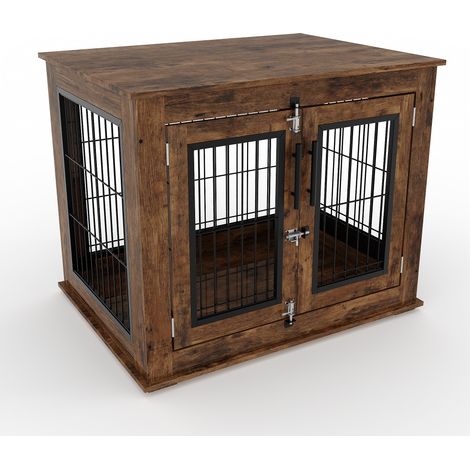 Niche pour chien en bois avec double porte – Cage d'intérieur anti-mastication style meuble – Table d'appoint verrouillable – Pour chiens petits et moyens – Taille 6 (1/5)