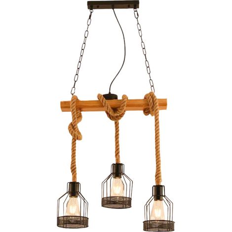 Suspension Luminaire Industrielle Rétro, Lustre Industriel en Bois, Lustre Réglable Vintage en Métal Noir 3 tetes (1/3)