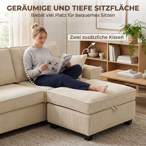 Canapé d'angle 3 places en velours beige avec ottoman de rangement, assise large, rembourrage à ressorts, méridienne spacieuse, salon cosy. (1/5)