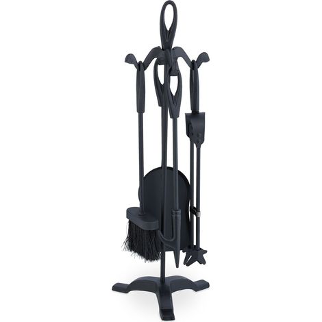 Juego de herramientas para chimenea de hierro negro - Soporte para accesorios de 5 piezas