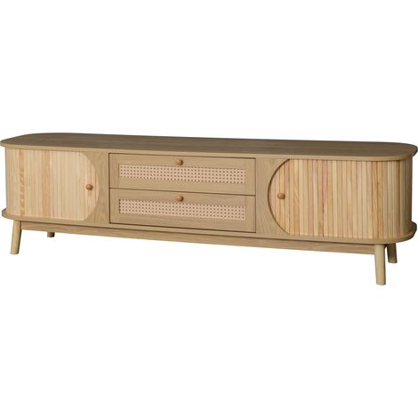 Mobile TV in legno naturale e rattan con ante e cassetti 170 x 39,5 x 46 cm (1/5)