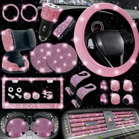 Ensemble de 27 accessoires de voiture scintillants : housse de volant universelle, support de plaque d’immatriculation, support de téléphone, chargeur de voiture, sous-verre (rose) (1/5)