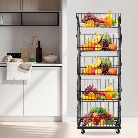 5-Tier Rolling Display Stand, Mobile Storage Shelf with Wheels Steel Construction, 44lbs Per Tier Capacity, 4 Castors with Brakes, Stackable Detachable Baskets – Ideal For Shops, Kitchens (1/5)