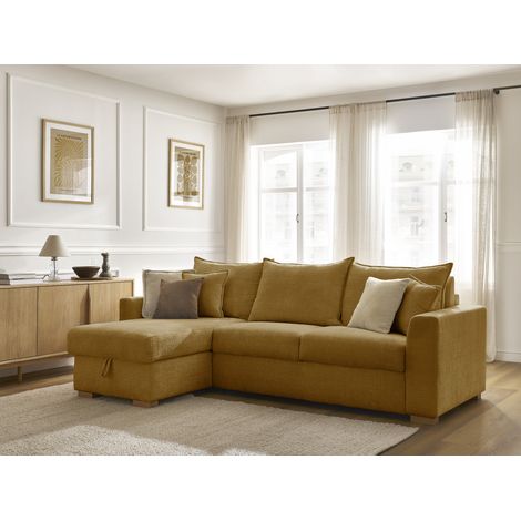 BOBOCHIC - Canapé d'angle réversible convertible ouverture express AUGUSTIN tissu texturé Réversible 160x200 Jaune (1/5)