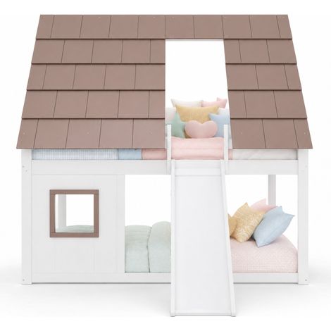Lit superposé maison 140 x 200 cm avec toit, échelle, barrière et toboggan, bois et MDF, blanc et brun, pour chambre d’enfant - CHICFURN (1/5)