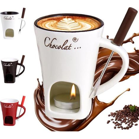 longziming - Mug à fondue au chocolat - Mug à fondue en céramique sans bougie chauffe-plat - Mug pour chocolat chaud - Set à fondre le chocolat avec fourchette en acier inoxydable pour sauces et desse (1/5)