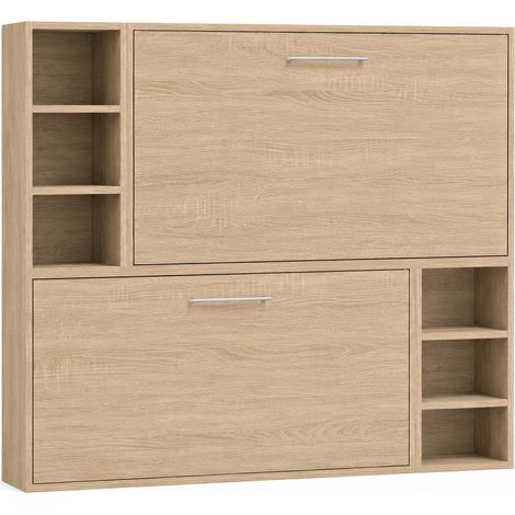 Les Tendances – Lit escamotable superposé BRIANO 80x180 cm – 2 couchages horizontaux – Niches de rangement intégrées – Ouverture assistée – Chêne clair (1/5)