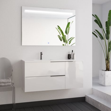 Meuble de salle de bain 100cm avec vasque déportée - blanc - KING et miroir STAM (1/5)