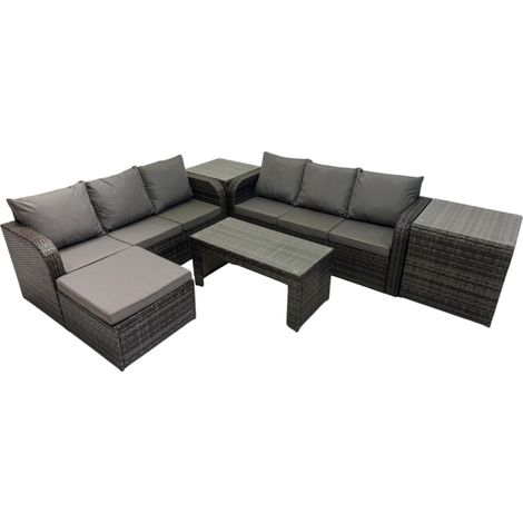 Fimous Rattan Garden Outdoor Furniture Set 3 Seater Sofa Coffee Table with Big Footstool 2 Side Tables Dark Grey Mixed (1/5)