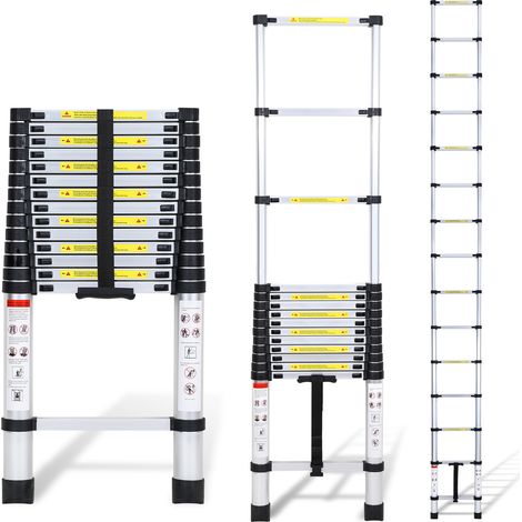 Randaco Escalera telescópica Pro 4,4 m, aluminio, 150 kg, patas antideslizantes