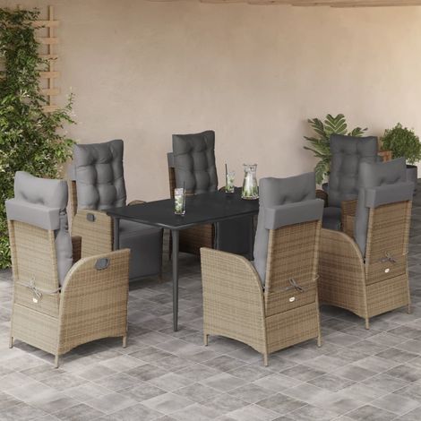 Salon de jardin 7 pièces avec 6 fauteuils inclinables en résine tressée beige et table noire - PANGIVO (1/5)
