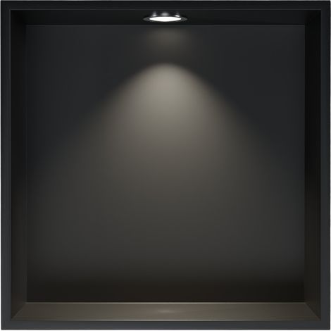 BERNSTEIN - Nicchia doccia in acciaio inox + faretto LED, ripiano doccia incorporato - 30x30x10cm (AxLxP) - Nero, 1x faretto cromata Nero, 1x cornice per installazione spot cromata