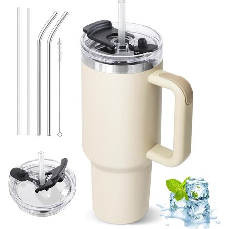 Mug Isotherme avec Paille,1200ml Tumbler avec 2-en-1 Couvercle Gobelet Isotherme en Acier Inoxydable avec Paille, Double Paroi, Anse et Compatible Porte-Gobelet de Voiture, Mug de Voyage (1/5)