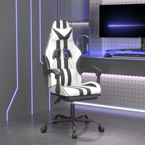 Fauteuil gamer pivotante et repose-pied Chaise de bureau - Fauteuil de jeu Blanc et noir Similicuir BonneVie-21276 (1/5)