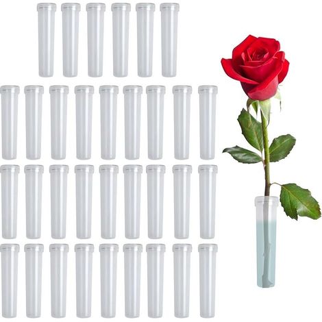 Lot de 50 tubes à fleurs fraîches - 7 x 1,5 cm - Transparent - Avec capuchons - Réutilisables