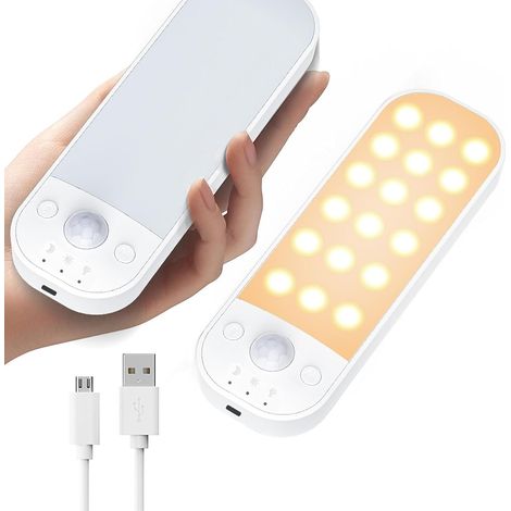 Set aus 2 LED-Wandleuchten für den Innenbereich mit Bewegungsmelder, 3 Farben und einstellbarer Helligkeit, ideal für Ankleidezimmer, Weinkeller oder Treppenhaus.