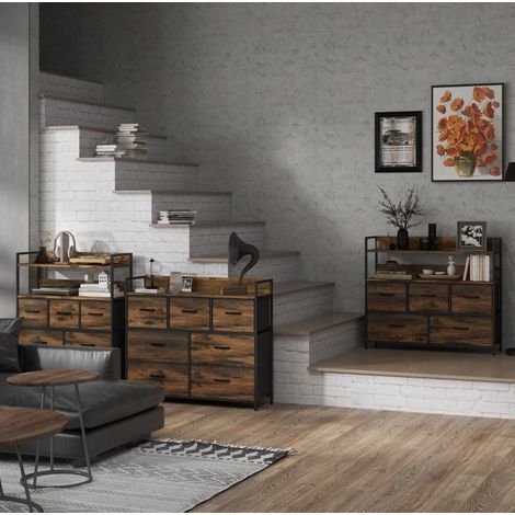 Cómoda CHICFURN de 7 cajones de tela 98 × 29 × 85 cm, MDF marrón, estilo industrial, antivuelco (1/5)