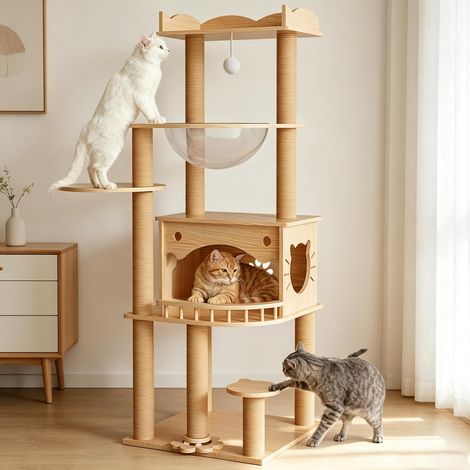Arbre à chat robuste pour grands chats, tour à chat multi-niveaux de 144 cm avec base en bois massif, niche, hamac, griffoirs en sisal et larges plateformes pour chats d'intérieur (1/5)
