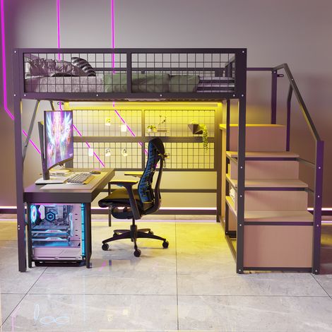 Lit en fer, lit superposé, lit mezzanine 140200, adapté aux enfants et aux adolescents, lit mezzanine polyvalent en métal avec bandes LED commandées par application, escalier avec rangement, penderie (1/5)