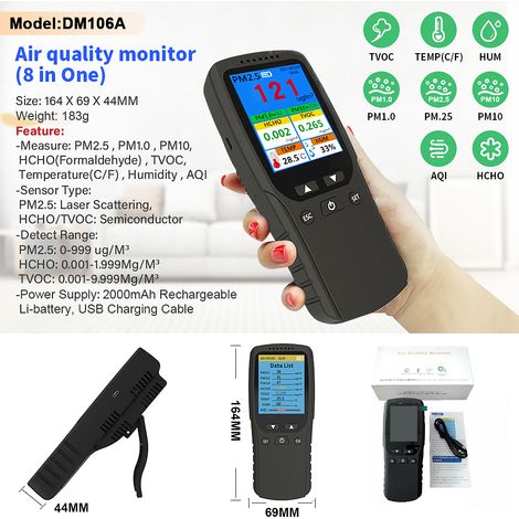Rilevatore portatile di PM2.5 per interni, termoigrometro multifunzione, display LCD digitale, analizzatore intelligente della qualità dell'aria, monitor per l'inquinamento domestico.