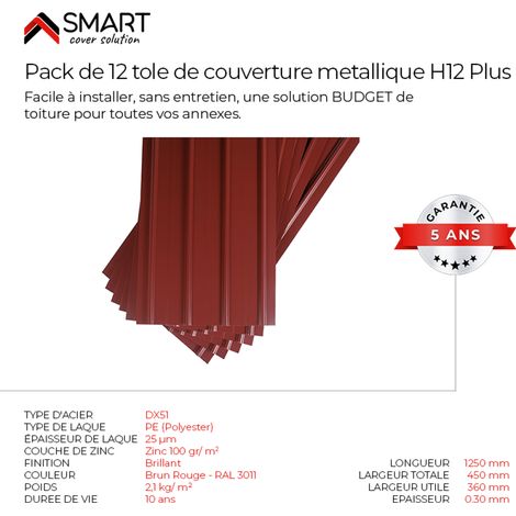 SMART COVER Pack 12 tôles bac acier - toiture - couverture H12 Dimensions: 125cm x 45cm=6,75m² épaisseur: 0,30mm Qualité Allemande Acier couleur RAL 7016 (1/5)