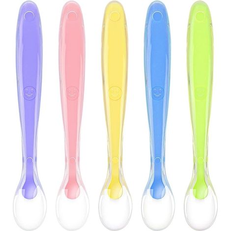Cuillère pour Bébé,5PCS Cuillere Bebe Silicone,Ensemble de Couverts pour Encourager Votre Bébé à Manger de Manière Indépendante,Sans BPA Bout arrondi (1/5)