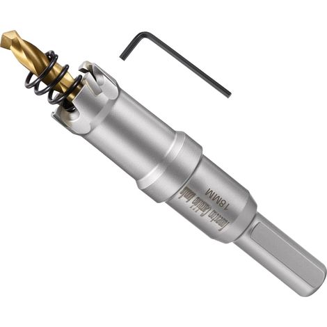 Kit de scie-cloche en carbure de tungstène avec foret central, clé hexagonale et ressort – pour métaux durs, tôles en acier inoxydable, tubes carrés, fibre de verre, argent (1/5)
