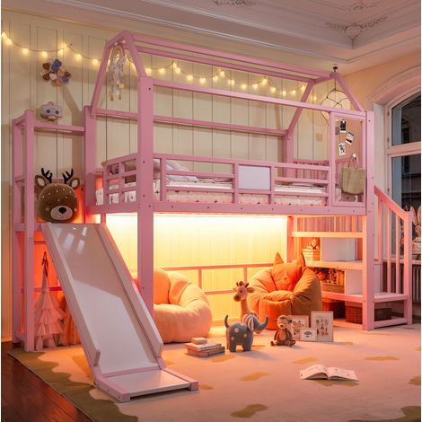 Cama alta infantil 90x200 cm rosa de metal y MDF con tobogán, escalera y LED Bluetooth (1/5)