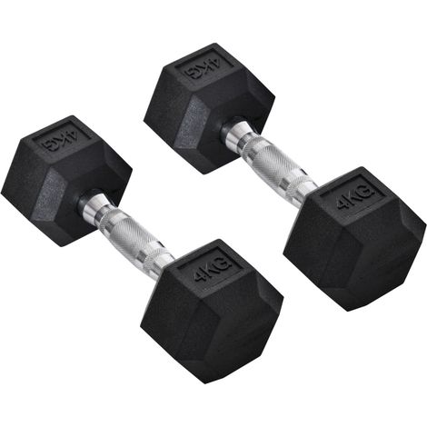 Set aus 2 sechseckigen 4-kg-Hanteln aus Gusseisen mit gerilltem Griff, schwarz (1/5)