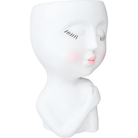 Pot de fleurs en résine haute densité, motif visage de fille aux yeux fermés, avec trou de drainage. Pot de fleurs polyvalent pour bureau, jardin et maison, blanc.