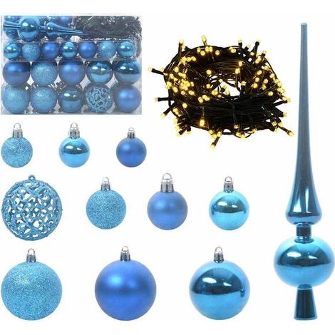Ensemble de boules de Noël, contenant 150 lumières LED, 61 boules au total, en plastique bleu. (1/5)