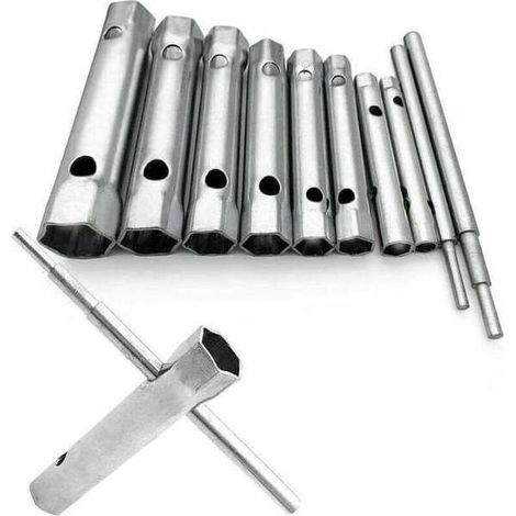 Jeu de 10 clés à pipe de 6 à 22 mm, clé à bougie pour robinets et mitigeurs, et pour desserrer les boulons difficiles d'accès. (1/5)