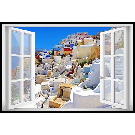 Affiche encadrée fenêtre village Santorin