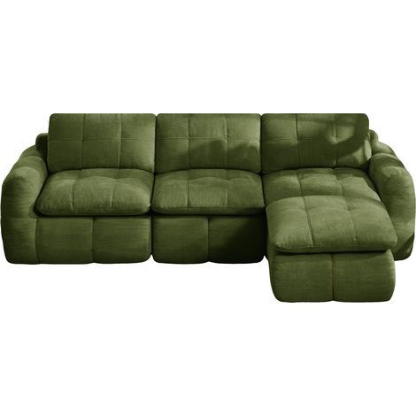 Sofá modular en L de 3 plazas sin estructura, de chenilla verde, con 1 puf, 264 x 160 x 68 cm (1/5)