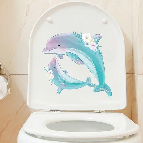 Lot de 2 Stickers Muraux Décoratifs Dream Whale, Autocollant pour Couvercle de Toilette, Décoration Murale pour Salle de Bain, 30x30cm, Blanc et Bleu (1/5)
