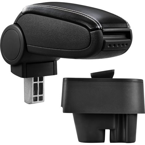 [pro.tec] Reposabrazos central para PEUGEOT 207, 207 SW, 207 CC a partir de 2006 - apoyabrazos con compartimento - tapizado - polipiel - negro con costuras de color blanco