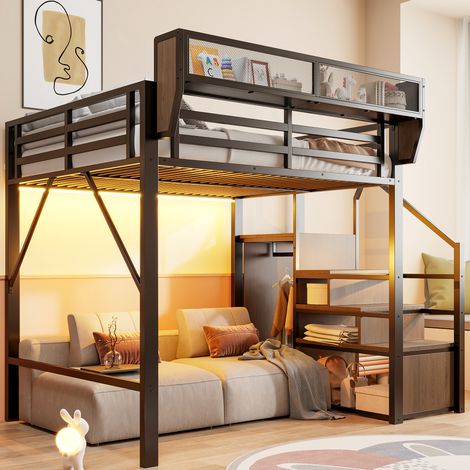 Cama altillo 140x200 cm - Con LED, escalera de seguridad y almacenajes modulables - En metal - Negro (1/5)
