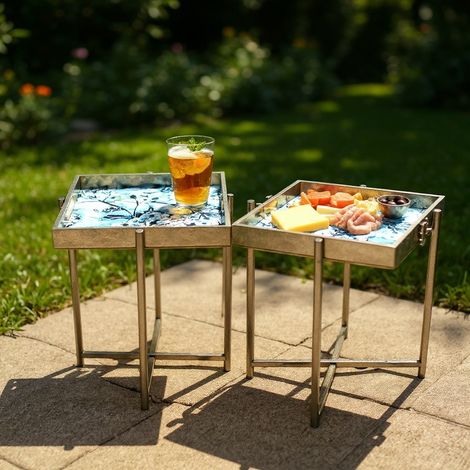 53/45cm Square Tables (Set of 2) with Marble-Effect Tray Tops - L32 x W32 x H45 cm